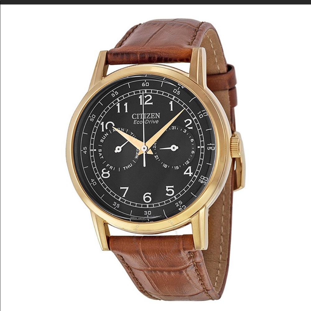 Men’s Citizen Eco-Drive black dial, leather watch